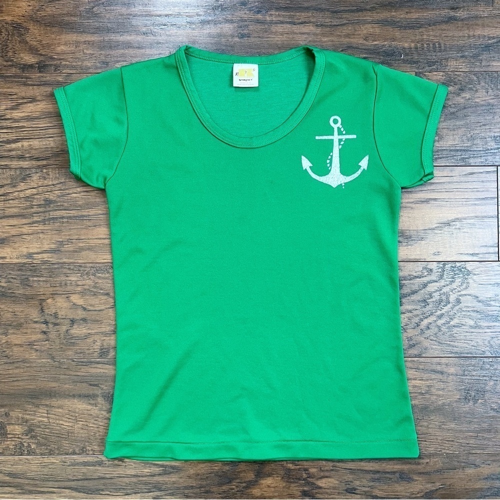 vintage • 70s baby tee Russell Sportset green anchor nautical single stitch
